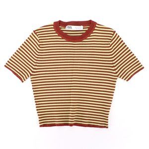 Zara Ribbed Red & Green Striped Cropped Fitted Baby Tee Top Size S